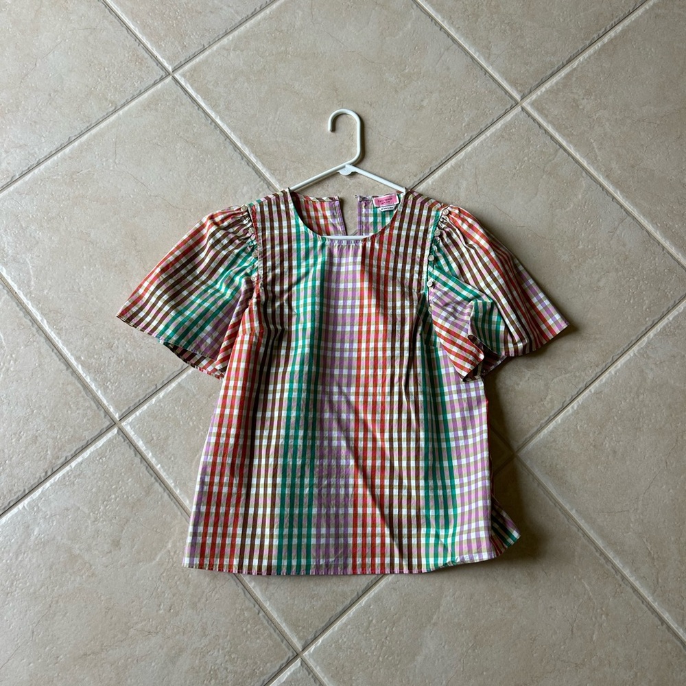 kate spade Multicolor Plaid Puff-Sleeve Blouse - Pink, Green, Orange